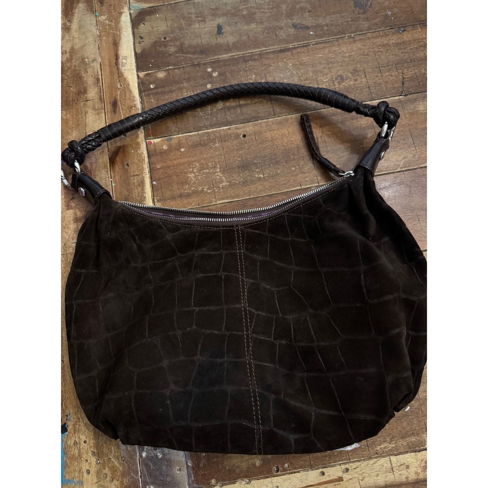 Brighton Brown Croc Embossed Suede Hobo Bag Braided Strap E271595